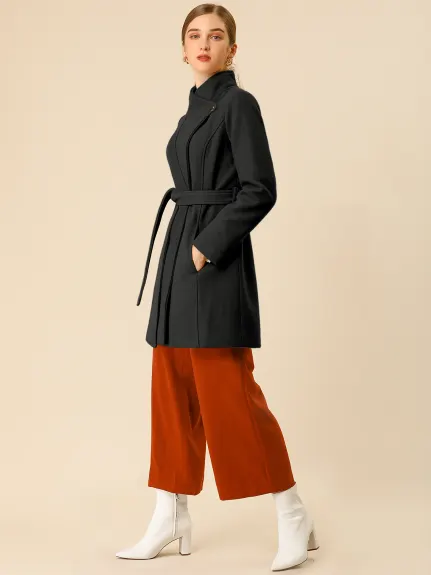 Allegra K- Classic Stand Collar Belted Long Coat