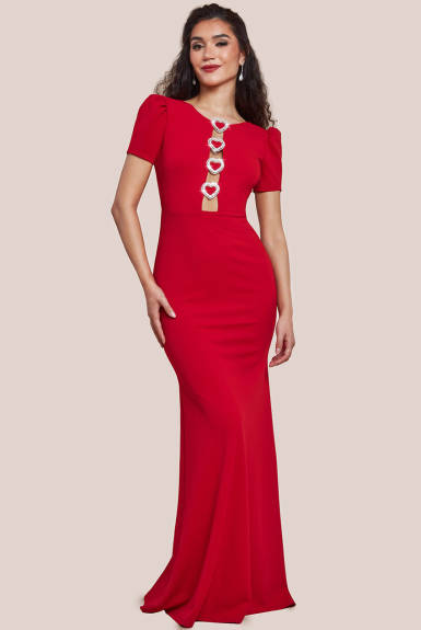 Goddiva - Diamante Embellished Heart Brooch Scuba Maxi Dress