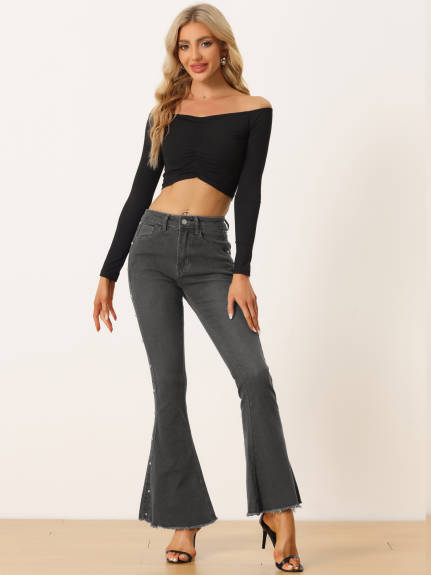 Allegra K - Beaded Raw Hem Bell Bottom Denim Pants