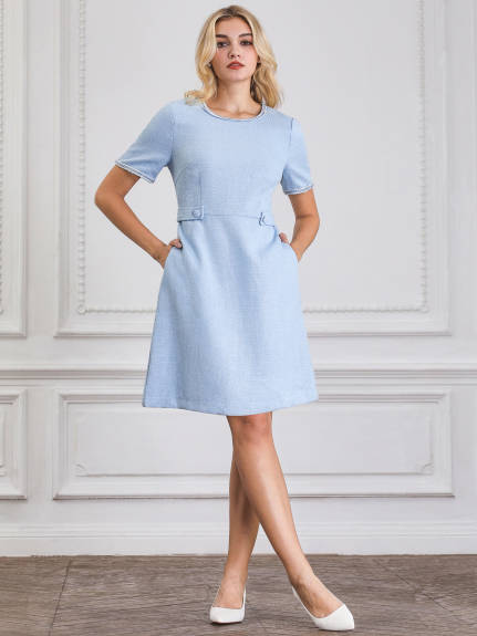 Hobemty - A-Line Short Sleeve Work Tweed Dress