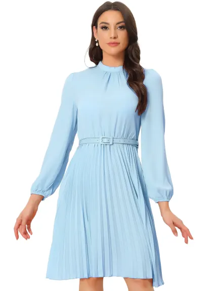 Allegra K- Elegant Long Sleeve Pleated Midi Shirt Dress