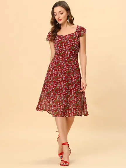 Allegra K- Smocked Sweetheart Cap Sleeve Cinched Floral Chiffon Midi Dress