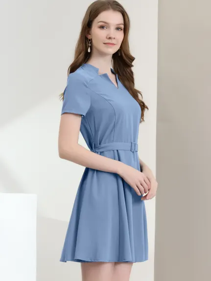 Allegra K- V Neck Short Sleeve A-Line Belted Elegant Dress