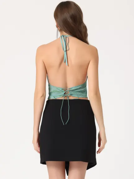 Allegra K - Draped Neck Backless Glitter Halter Top