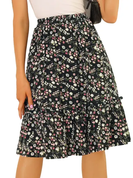 Allegra K- Ruffle Hem Tiered A-Line Floral Midi Skirt