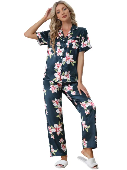 cheibear - Button Down Satin Floral Summer Pajamas Set