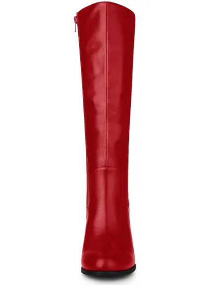 Allegra K- Round Toe Block Heel Faux Leather Knee Boots