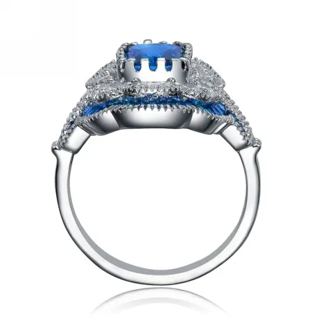 Genevive Sterling Silver White Gold Plated with Radiant and Baguette Colored Cubic Zirconia Cocktail Ring