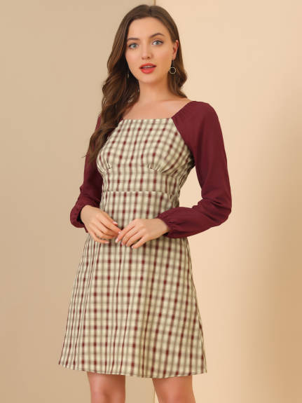 Allegra K- Long Sleeve Square Neck A-Line Plaid Dress