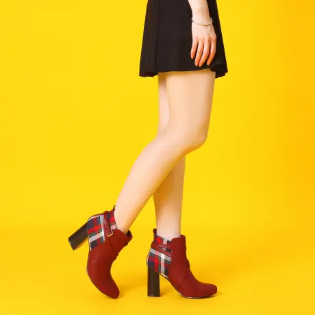 Allegra K - Plaid Color Block Crisscross Strap Ankle Boots