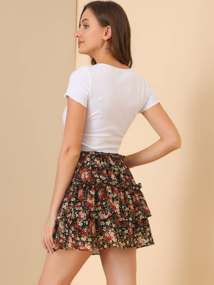 Allegra K- Layered Ruffle Elastic Waist Floral Mini Skirt