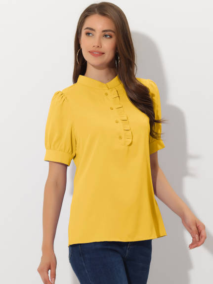 Allegra K - Puff Sleeve Chiffon Half Placket Top