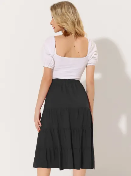 Allegra K- Elastic Waist Tiered A-Line Midi Skirt