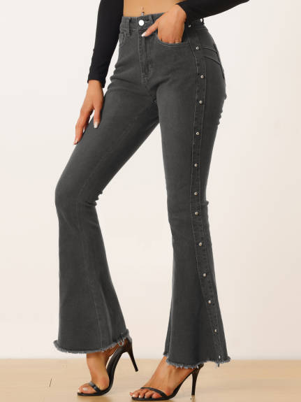 Allegra K - Beaded Raw Hem Bell Bottom Denim Pants