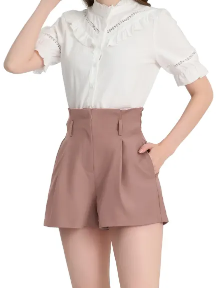 Allegra K- Bow Belt High Paper Bag Waist Shorts