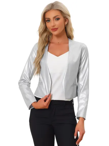 Allegra K - Faux Leather Open Front Crop Jackets