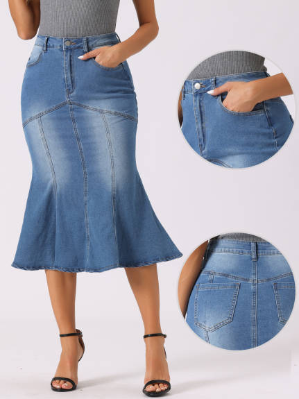 Allegra K- Washed Denim Fishtail Midi Bodycon Skirt