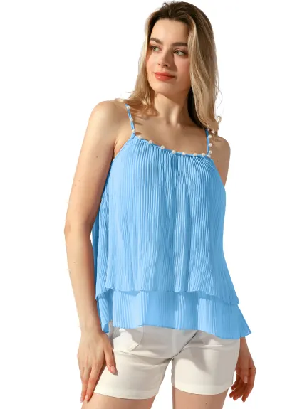 Allegra K - Double-Layer Pleated Ruffle Spaghetti Strap Top