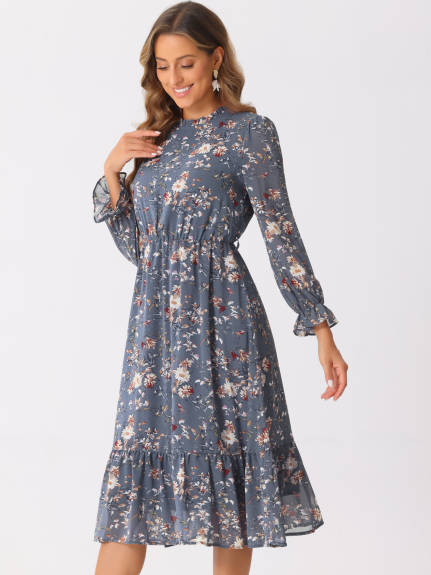 Allegra K - Floral Long Sleeve Chiffon Dress