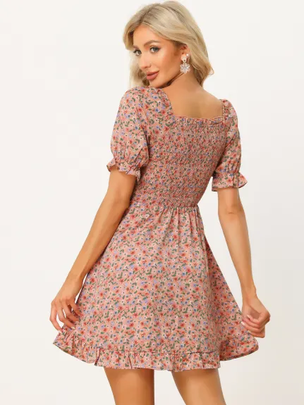 Allegra K- Puff Sleeve Square Neck Ruffled Hem Floral Smocked Dress