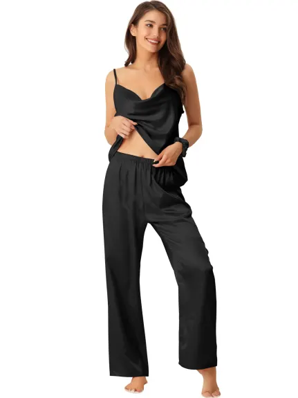 cheibear - Cowl Neck Cami Top with Pants Satin PJs Set