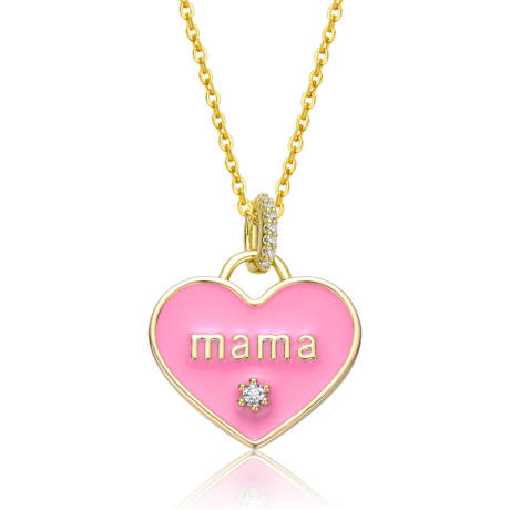 Collier superposé avec pendentif en forme de cœur en émail rose MAMA plaqué or 14 carats avec zircone cubique transparente