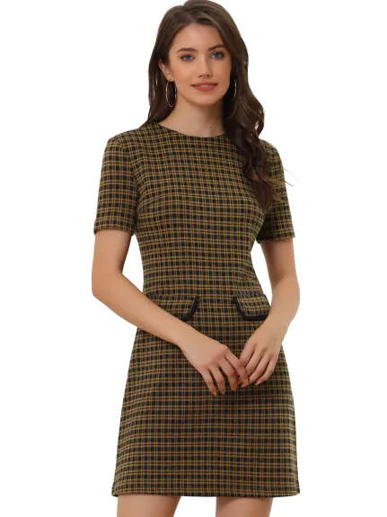 Allegra K- Short Sleeve Vintage Houndstooth Pencil Sheath Dress