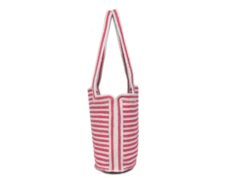 Aaron Leather Goods-Pink and White Striped Knit Jute Tote Bag