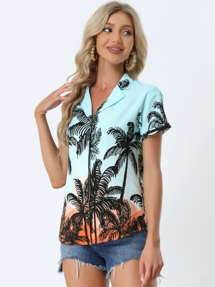 Allegra K- Beach Tropical Printed Button Down Shirt