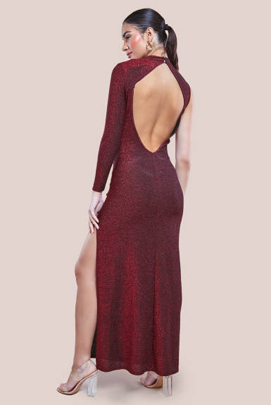 Goddiva - Open Lurex Back One Sleeve Maxi Dress