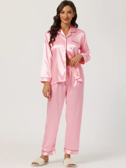 Allegra K - Satin Button Down Lounge Pajama Sets