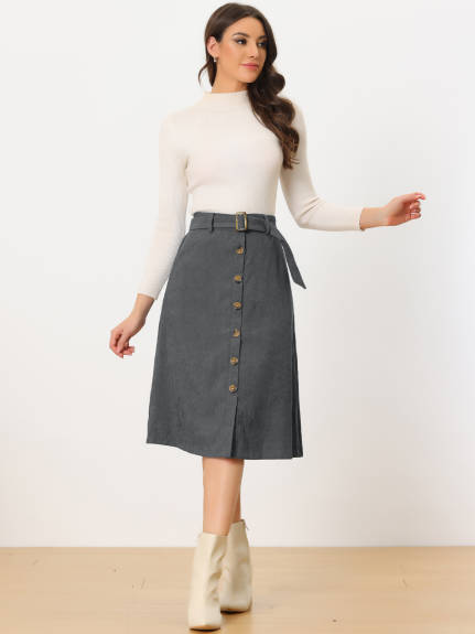 Allegra K - Button Front A-Line Belted Corduroy Skirt