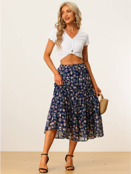 Allegra K- Floral Tiered A-Line Long Chiffon Skirt