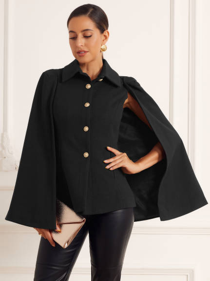 Allegra K - Split Sleeve Button Front Blazer Cape Coat