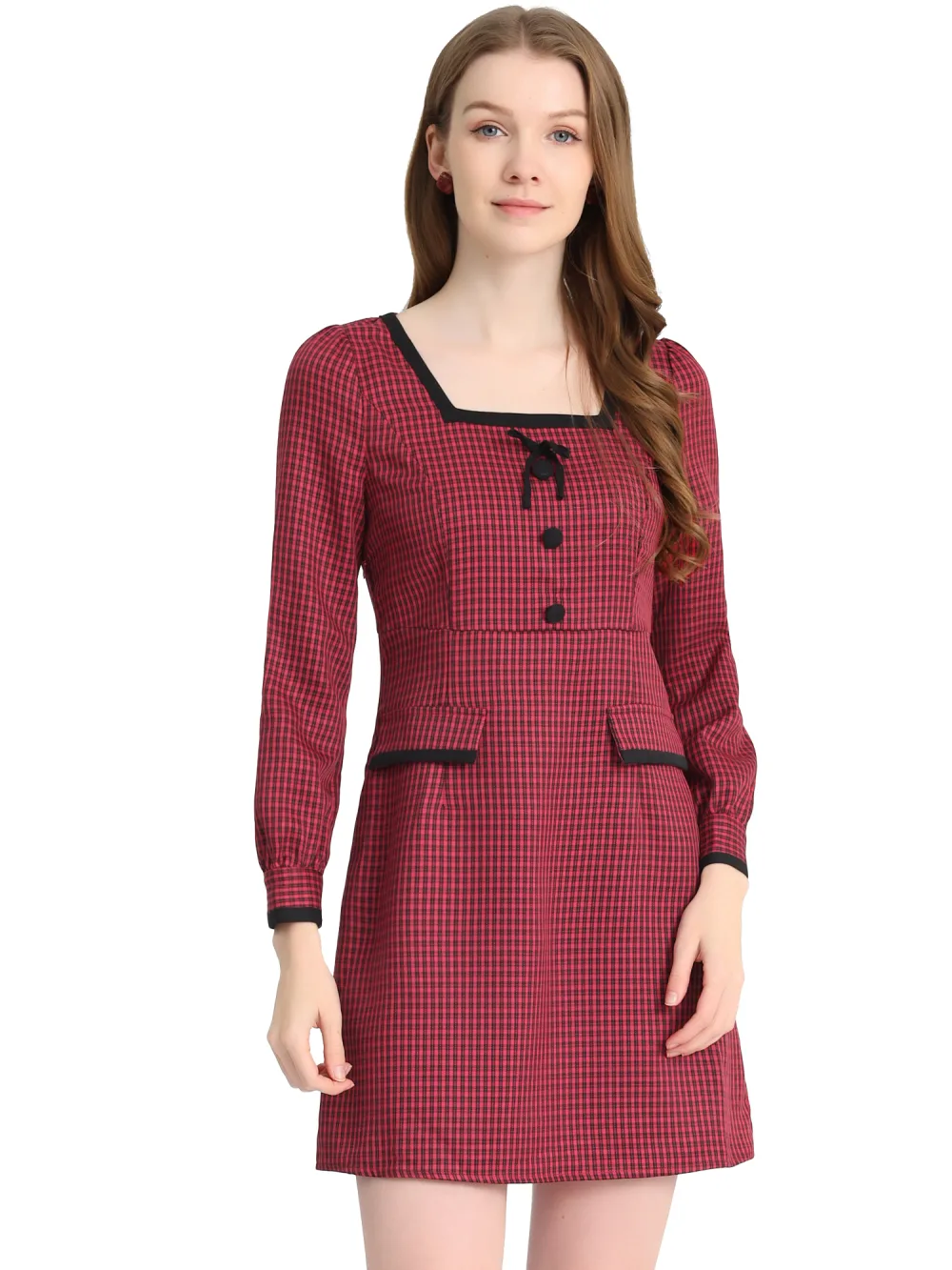 Allegra K- Contrast Trim Long Sleeve Plaid Dress