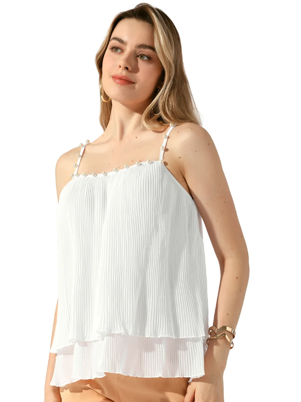 Allegra K - Double-Layer Pleated Ruffle Spaghetti Strap Top