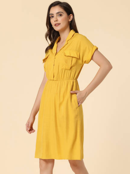 Allegra K- Notched Lapel V-Neck A-Line Shirt Dress