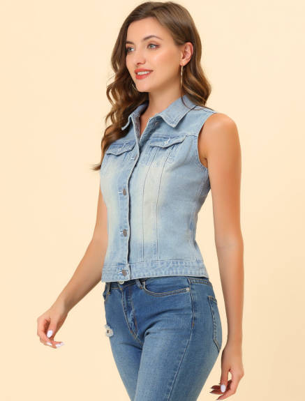 Allegra K- Washed Denim Buttoned Vest with Flap Pockets