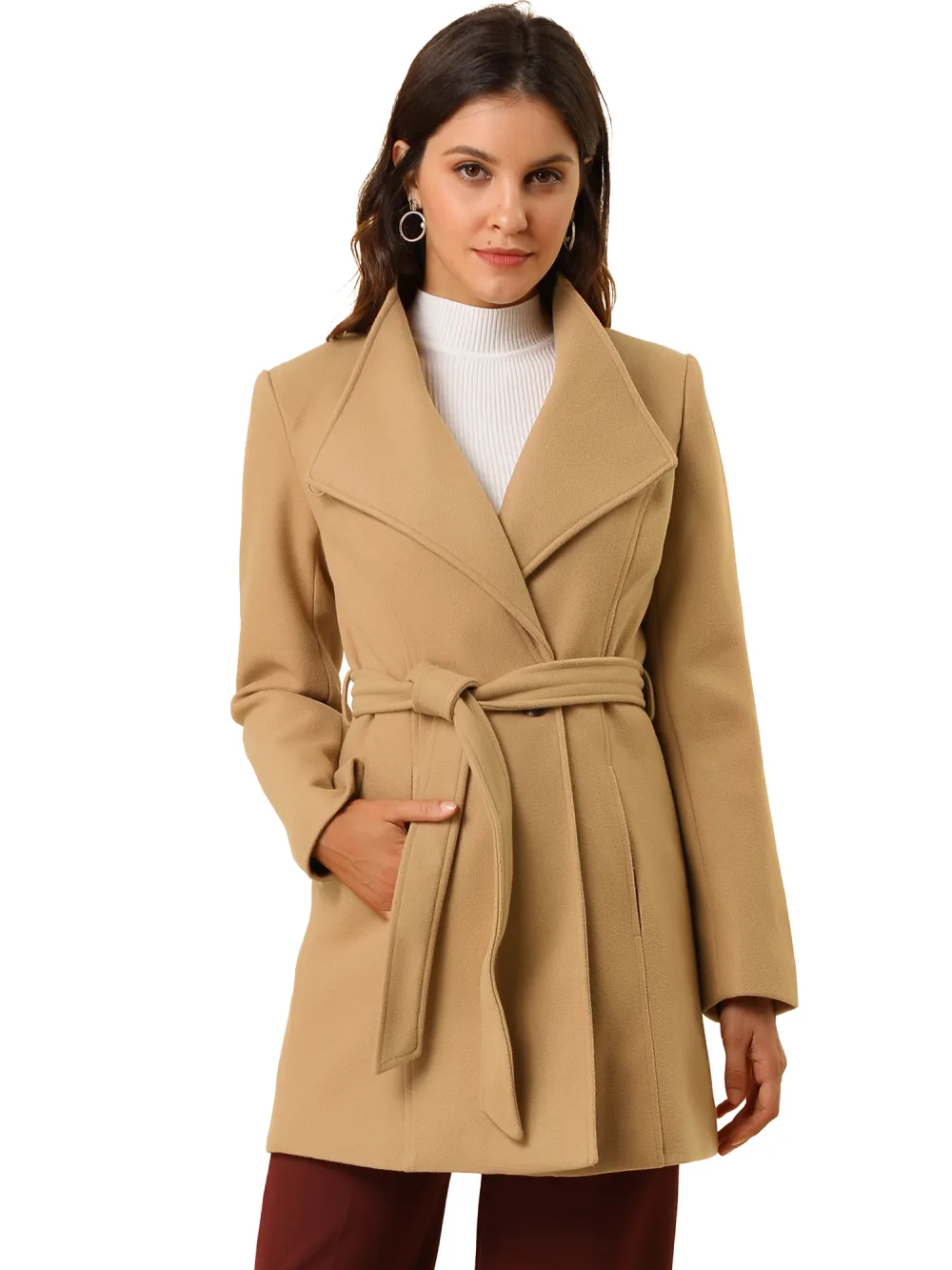 Allegra K- Classic Stand Collar Belted Long Coat