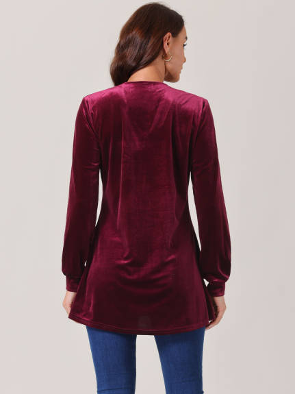 Allegra K - Velvet V Neck Long Sleeve Blouse