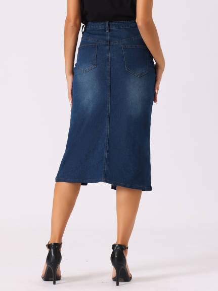 Allegra K- High Waist Slit Front Midi Denim Skirt