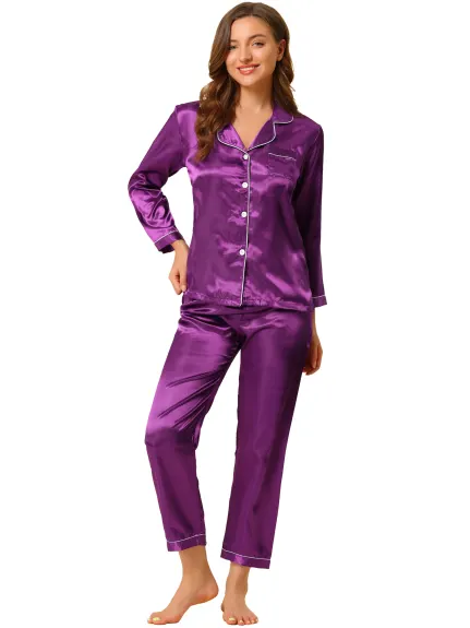 Allegra K - Ensembles de pyjama de détente boutonnés en satin