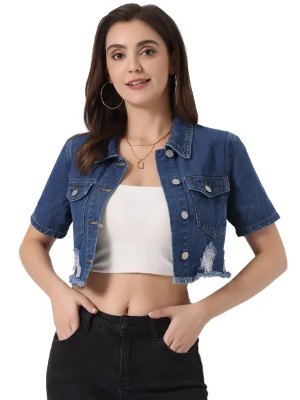 Allegra K- Short Sleeve Frayed Crop Denim Jacket