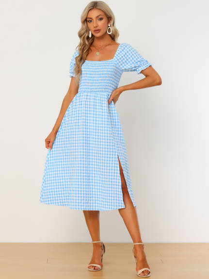 Allegra K- Midi Smocked Front Tie Back Checks Gingham Dress