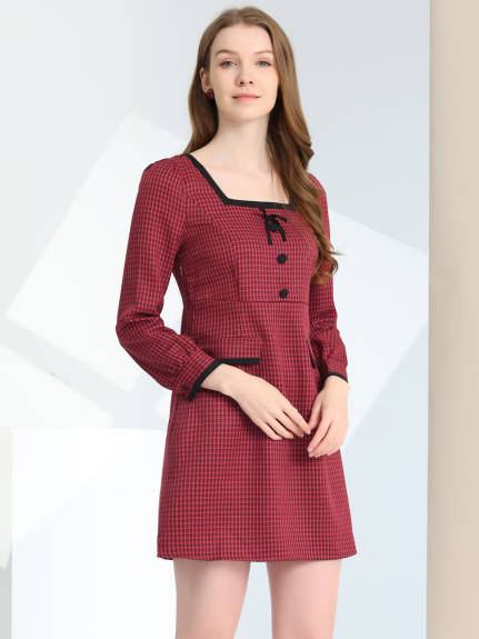 Allegra K- Contrast Trim Long Sleeve Plaid Dress