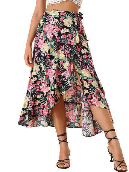 Allegra K- Self Tie Split Ruffle Wrap Midi Skirt