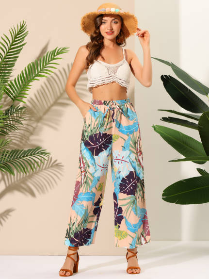 Allegra K- Drawstring Wide Leg Floral Beach Pants