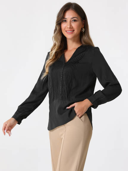 INSPIRE CHIC - V Neck Pleated Front ong Sleeve Blouse