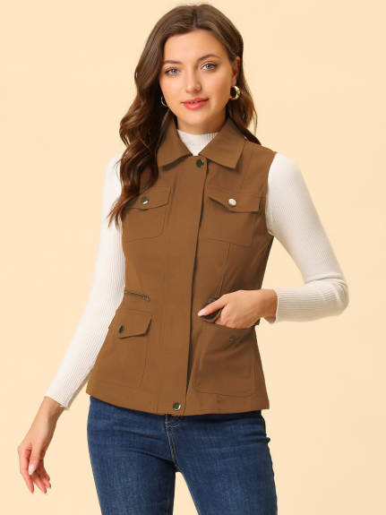 Allegra K- Zip Up Jacket with Pockets Cargo Utility Vest