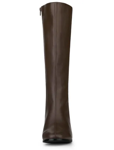 Allegra K - Round Toe Block Heels Knee High Boots